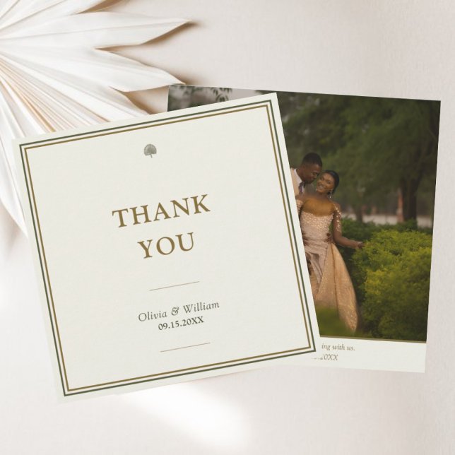 Modern Classic Ivory & Gold Wedding Photo Thank You Card (Elegant ivory & gold square thank you card with photo back keepsake option.)