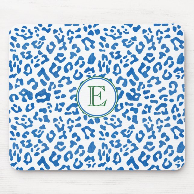 Modern Classic Ladies Blue Leopard Print Monogram Mouse Mat (Front)
