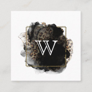 Modern Classic Monogram Initial Black Gold Leopard Square Business Card