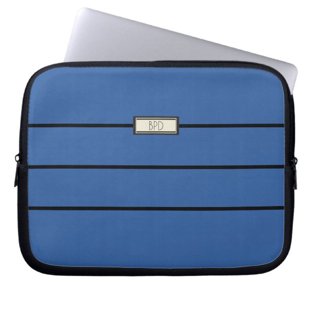 Modern Classic Monogrammed Initials Blue Black Laptop Sleeve (Front)