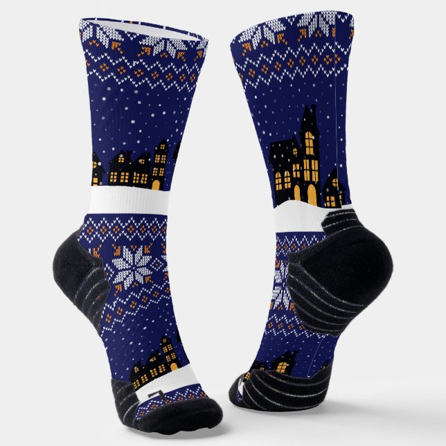Modern classic ornament Christmas pattern navy Socks (Angled)