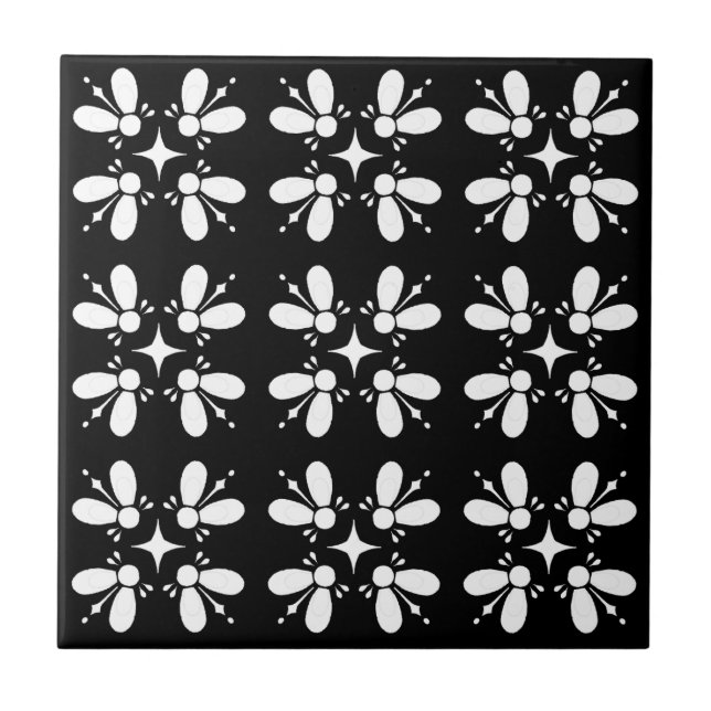 Modern classic pattern l Black and white floral Tile (Front)