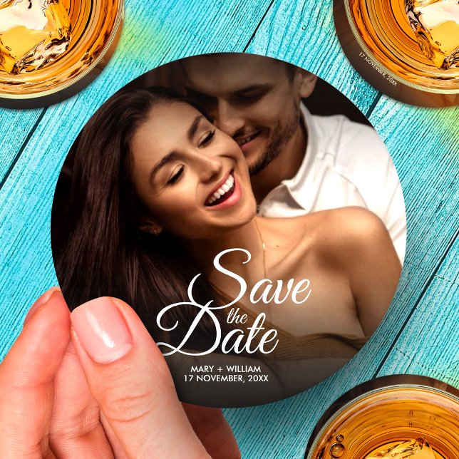 Modern Classic Photo Elegant Wedding Save The Date Round Paper Coaster (Creator Uploaded)