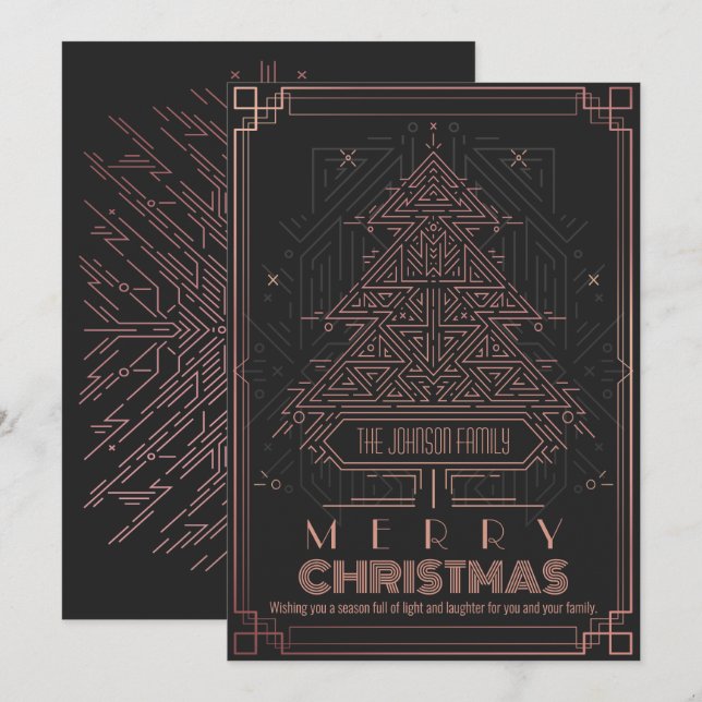 Modern Classic Pink Black Geometric Christmas Tree Holiday Card (Front/Back)