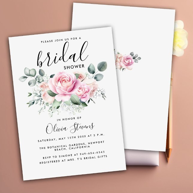 Modern Classic Pink Blush Roses Chic Bridal Shower Invitation (Creator Uploaded)