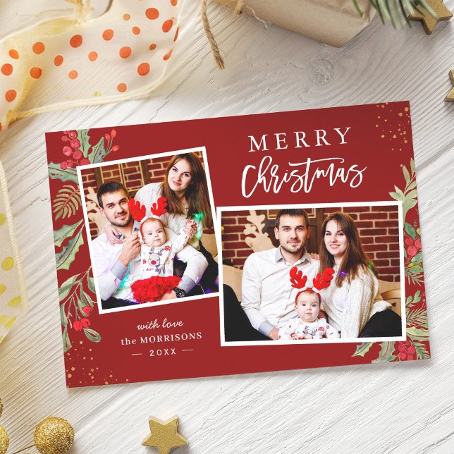 Modern Classic Red and Green Merry Christmas Photo Holiday Card (Creator Uploaded)