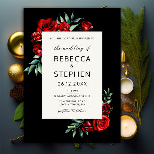Modern Classic Red Rose Black Floral Frame Wedding Invitation