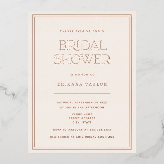 Modern Classic Rose Gold Bridal Shower Foil Invitation Postcard (Front)