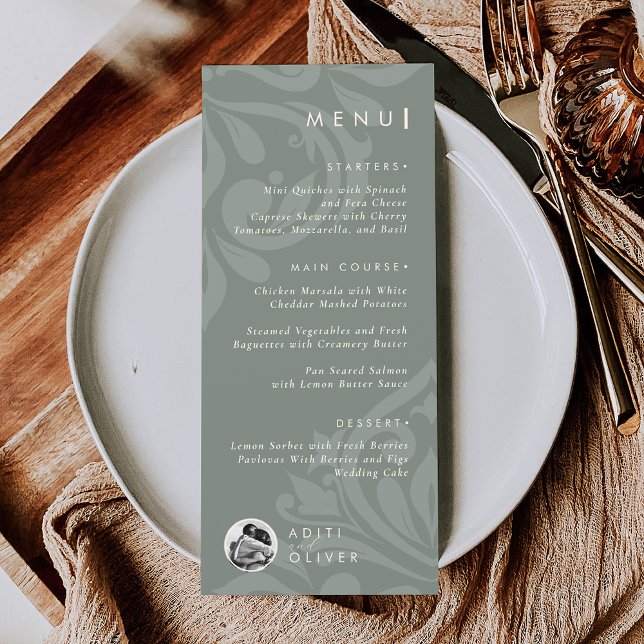 Modern Classic Rustic Damask Typography Photo Sage Menu (Creator Uploaded)