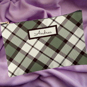 Modern Classic Sage Green Plaid Monogrammed Accessory Pouch