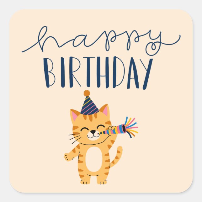 Modern Classic Simple Happy Birthday Cat Square Sticker (Front)