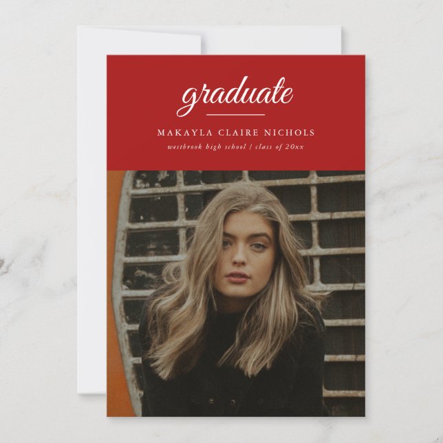 Modern Classic Simple Script Red Photo Graduation Invitation (Front)