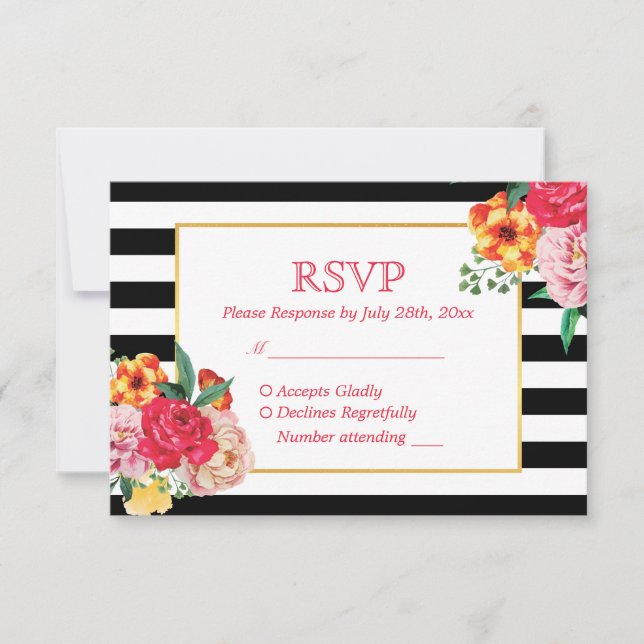 Modern Classic Striped Floral Peony Wedding RSVP (Front)