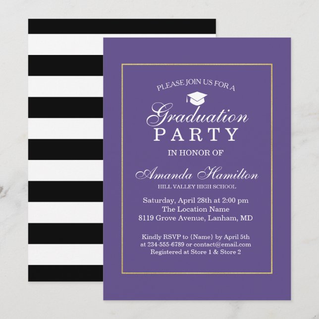 Modern Classic Ultra violet gold Frame Graduation Invitation (Front/Back)