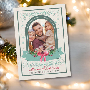 Modern Classic Vintage Floral Christmas Photo  Holiday Card