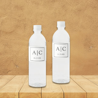 Modern Classic White Monogram Wedding Water Bottle Label