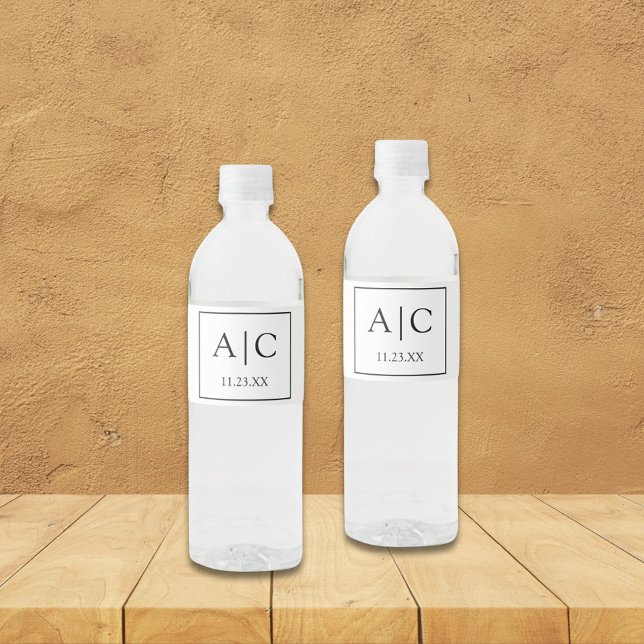 Modern Classic White Monogram Wedding Water Bottle Label (Creator Uploaded)