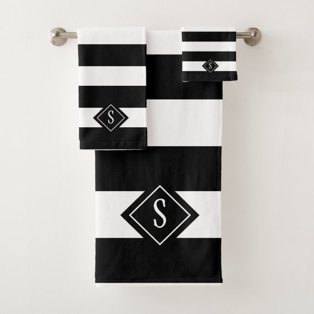 Modern Classy Black And White Stripes Monogram Bath Towel Set (Insitu)