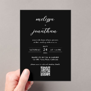 Modern Classy Black & White Script QR code Wedding Acrylic Invitations