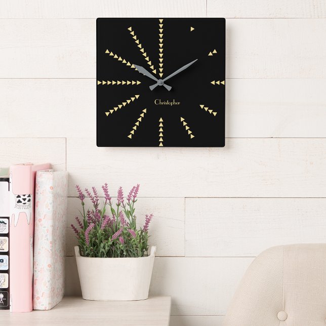 Modern Classy Decor Black Faux Gold Custom Name Square Wall Clock (Modern Classy Decor Black Faux Gold Custom Name Square Wall Clock)