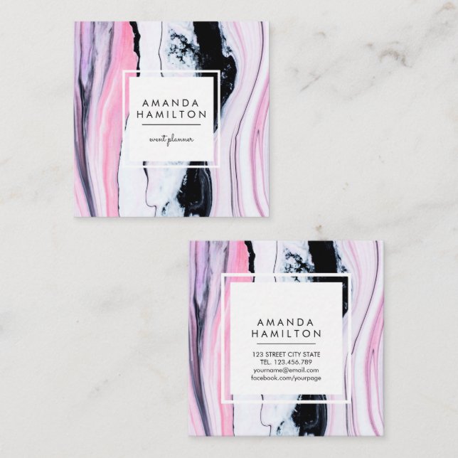 Modern Classy ELEGANT Black PINK WHITE MARBLE Square Business Card (Front/Back)