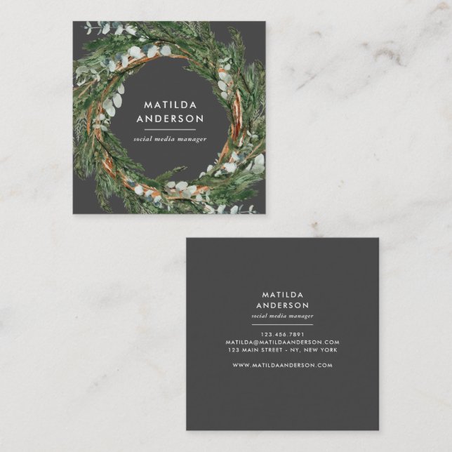 Modern classy elegant eucalyptus botanical wreath square business card (Front/Back)