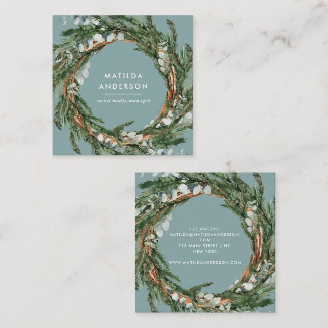 Modern classy elegant eucalyptus botanical wreath square business card (Front/Back)