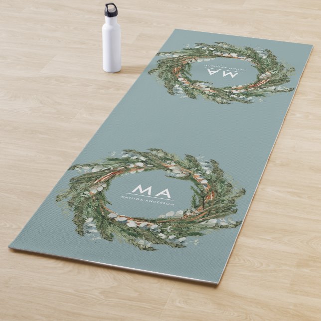 Modern classy elegant eucalyptus botanical wreath yoga mat (In Situ)