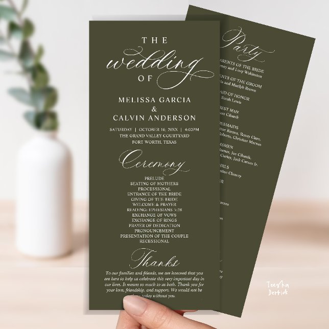 Modern Classy Elegant Wedding Ceremony Programme (Modern Classy Elegant Wedding Ceremony Program card olive green)