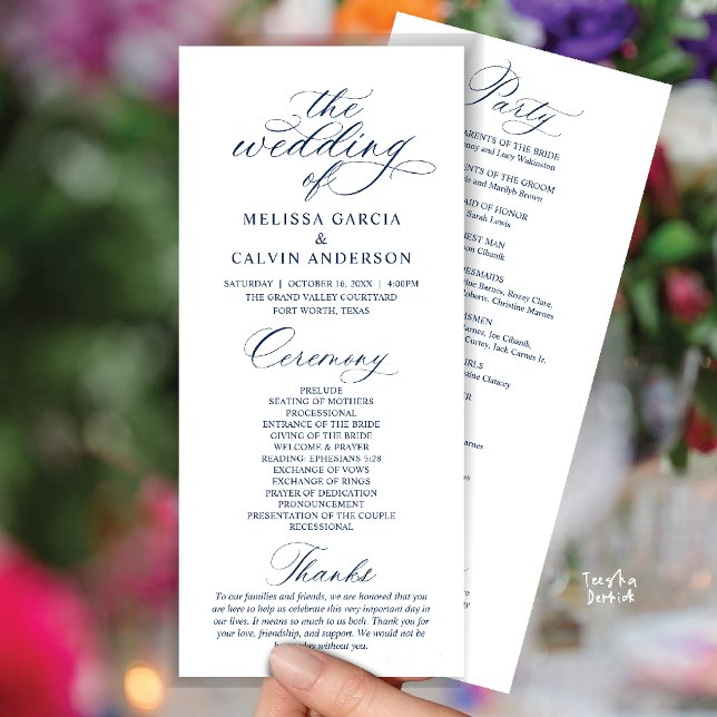Modern Classy Elegant Wedding Ceremony Programme (Modern Classy Elegant Romantic Wedding Ceremony Program Card in Navy Blue)