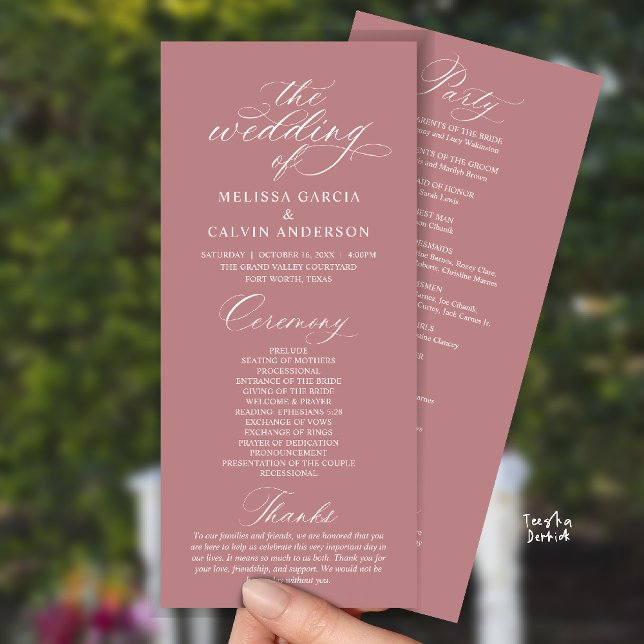 Modern Classy Elegant Wedding Ceremony Programme (Modern Classy Elegant Romantic Wedding Ceremony Program Card in rose pink dusty)