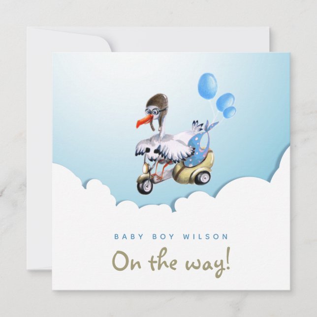 Modern Classy Funny Stork Scooter Boy Pregnancy  Announcement (Front)