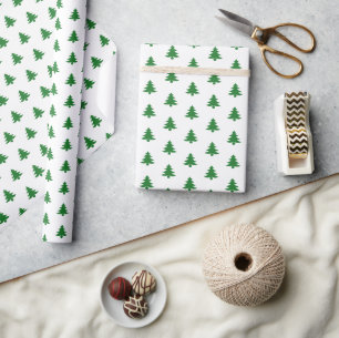 Modern Classy Green Christmas Trees on White Wrapping Paper