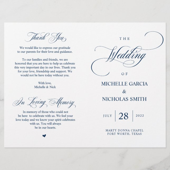 Modern Classy Navy Blue, Foldable Wedding Program (Front)