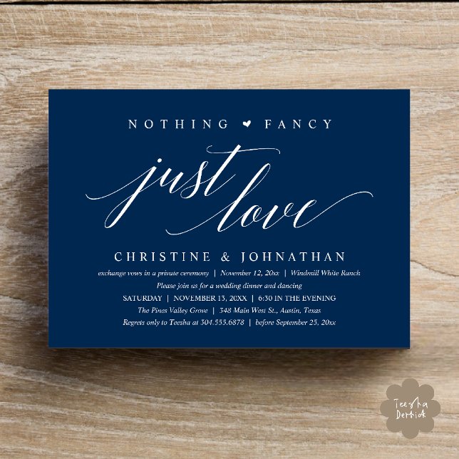 Modern Classy Nothing Fancy, Just Love, Reception Invitation (Modern Classy Nothing Fancy, Just Love, Wedding Reception Dinner Invitation Card in Navy Blue)
