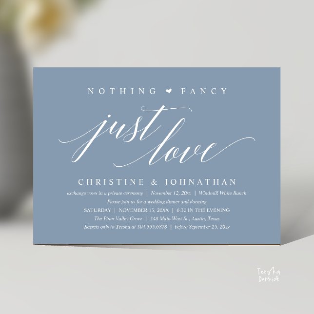 Modern Classy Nothing Fancy, Just Love, Reception Invitation (Modern Classy Nothing Fancy, Just Love, Wedding Reception Dinner Invitation Card in Dusty Blue)