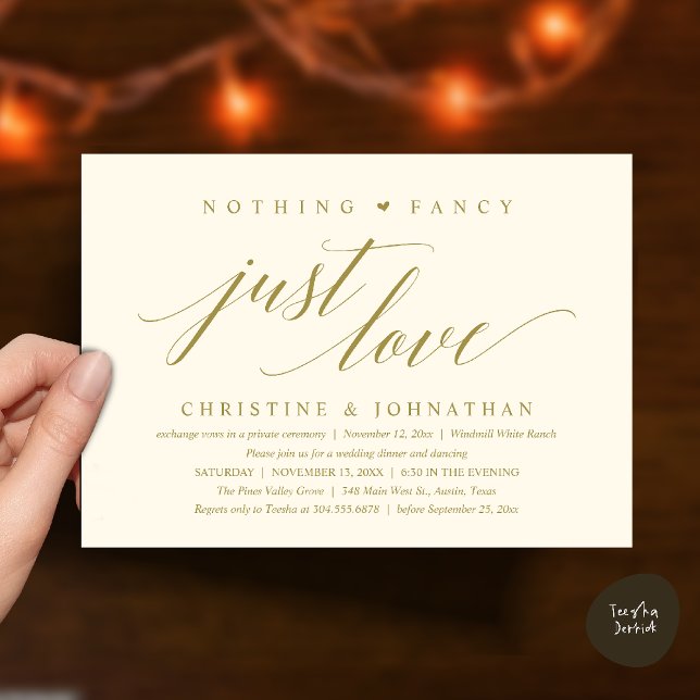 Modern Classy Nothing Fancy, Just Love, Reception Invitation (Modern Classy Nothing Fancy, Just Love, Wedding Reception Dinner Invitation Card in Yellow Gold)