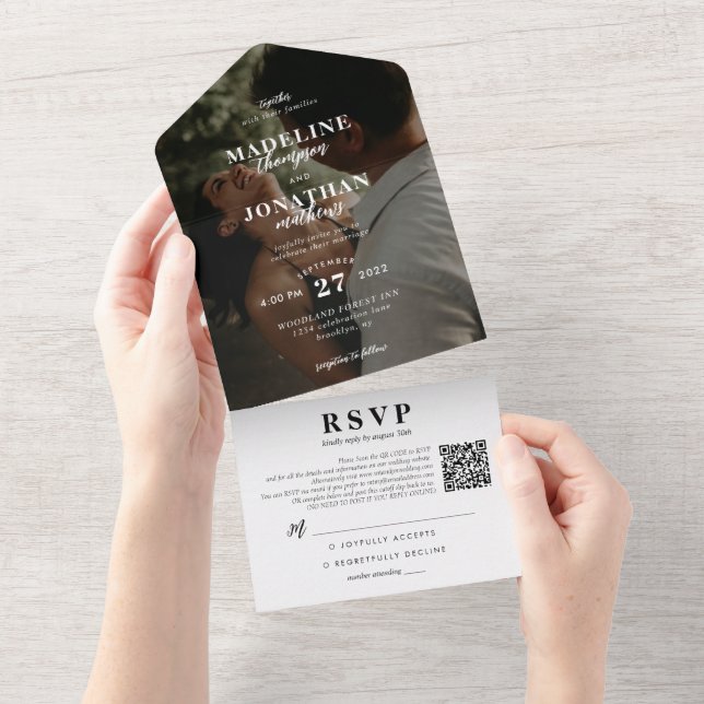 Modern Classy Photo QR Code Wedding  Al All In One Invitation (Tearaway)