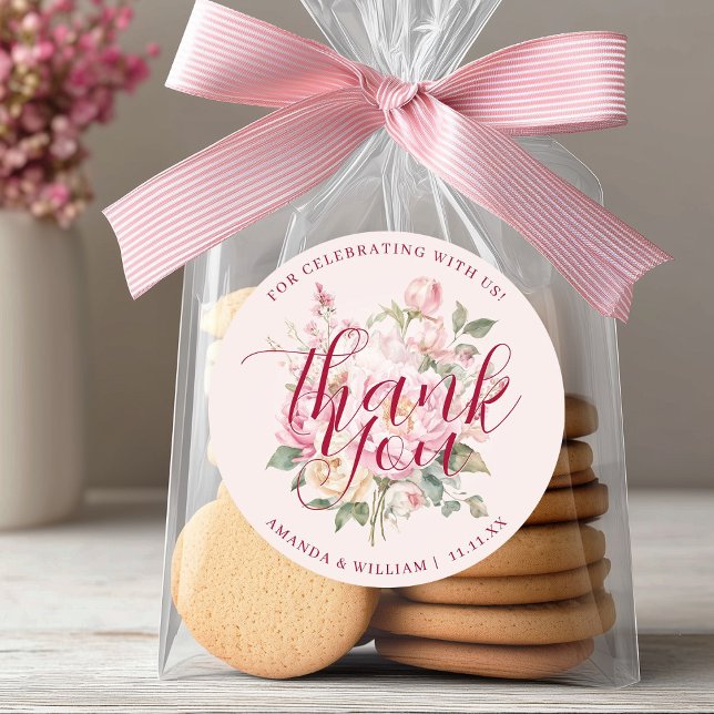 Modern Classy Pink Roses Flowers Thank You Favour Classic Round Sticker (Modern Classy Pink Roses Flowers Thank You Favor Classic Round Sticker)