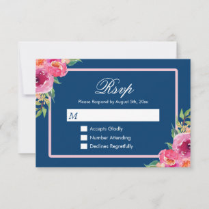 Modern Classy Purple Pink Floral Navy Blue RSVP Card