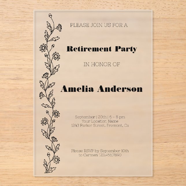 Modern classy retirement  daisy black acrylic invitations (Front)