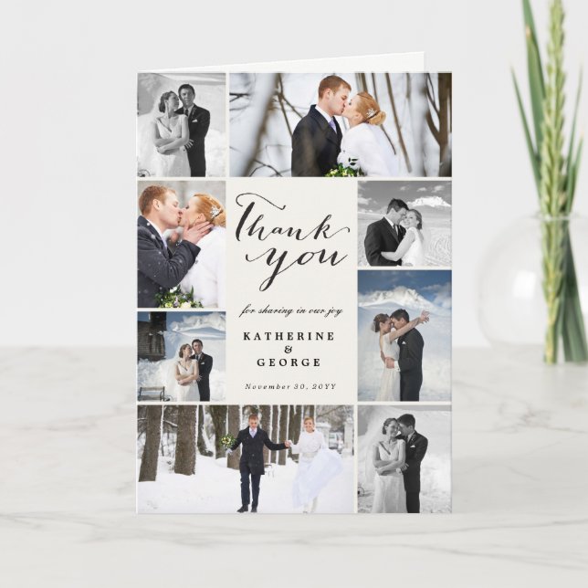 Modern Classy Script 8 Multi Photo Stylish Wedding Thank You Card (Front)