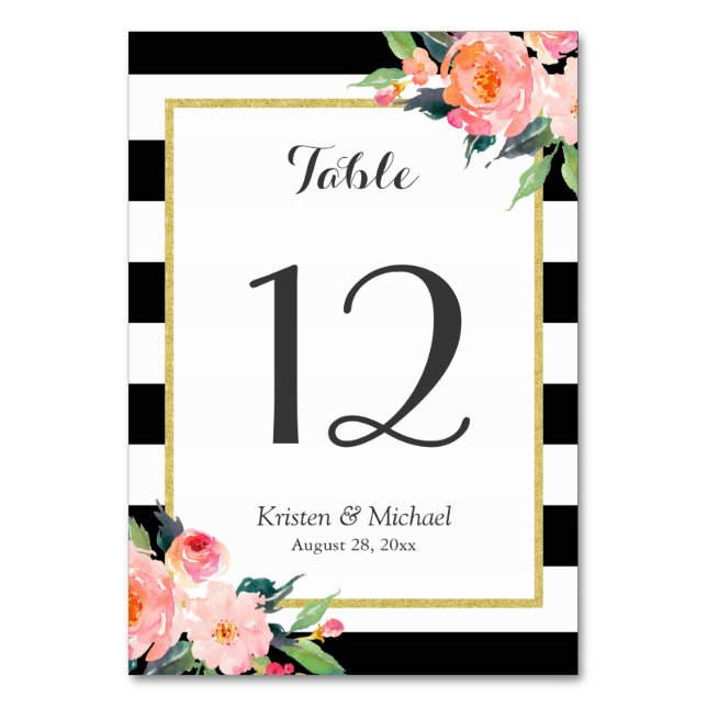 Modern Classy Stripes Floral Wedding Table Number (Front)