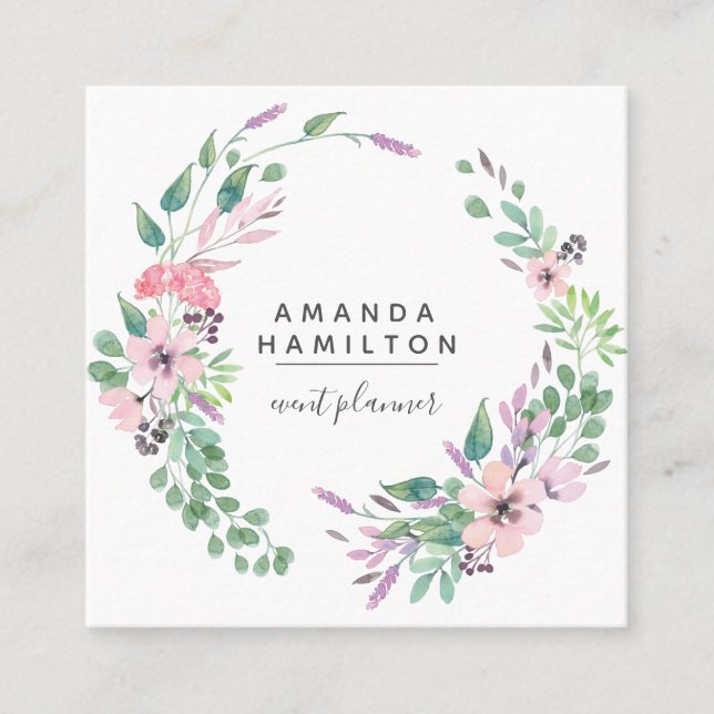 Modern Classy  Watercolor circle Bouquet  leaves Square Business Card (Front)