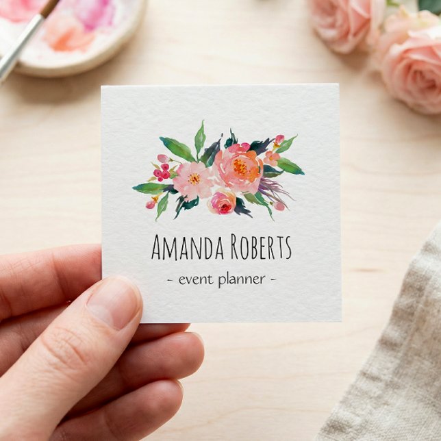 Modern Classy Watercolor Floral Personalised Square Business Card (Creator Uploaded)