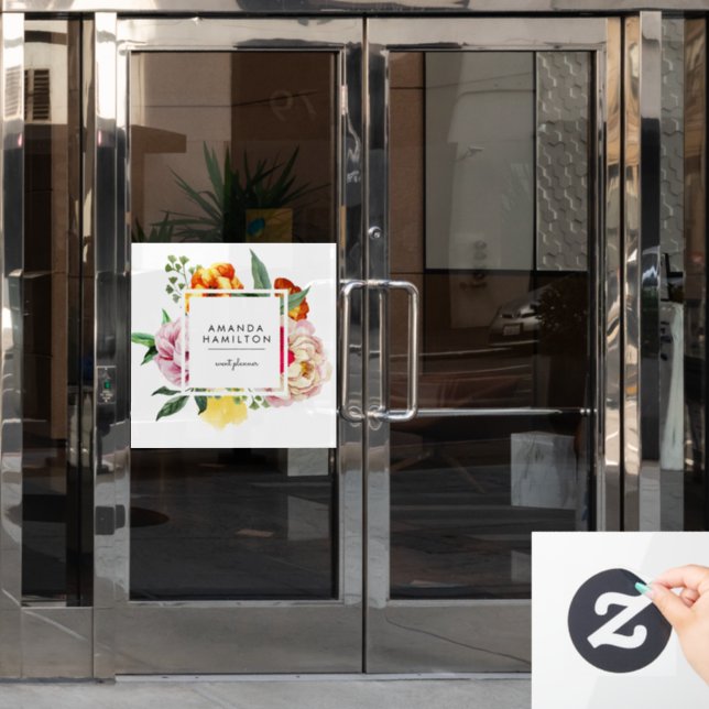 Modern Classy Watercolor Peony Floral CUSTOM Window Cling (Office Door)