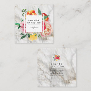 Modern Classy Watercolor Peony Floral MARBLE Square Business Card