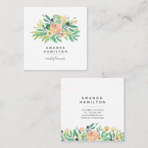 Modern Classy Watercolor pink orange peony leaves Square Business Card