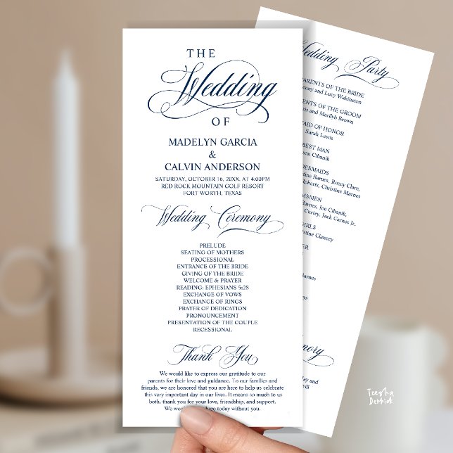 Modern Classy Wedding Ceremony Order Programme (Modern Classy Wedding Ceremony Order Program Card, in Navy Blue)