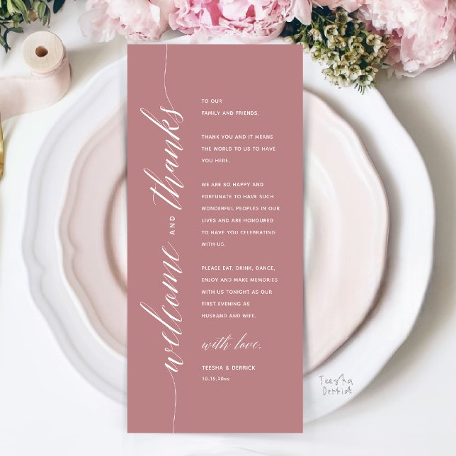 Modern Classy Wedding Dinner Thank You Card (Modern Classy Wedding Reception Dinner Thank You Card, Bridal Shower in Dusty Rose Pink)